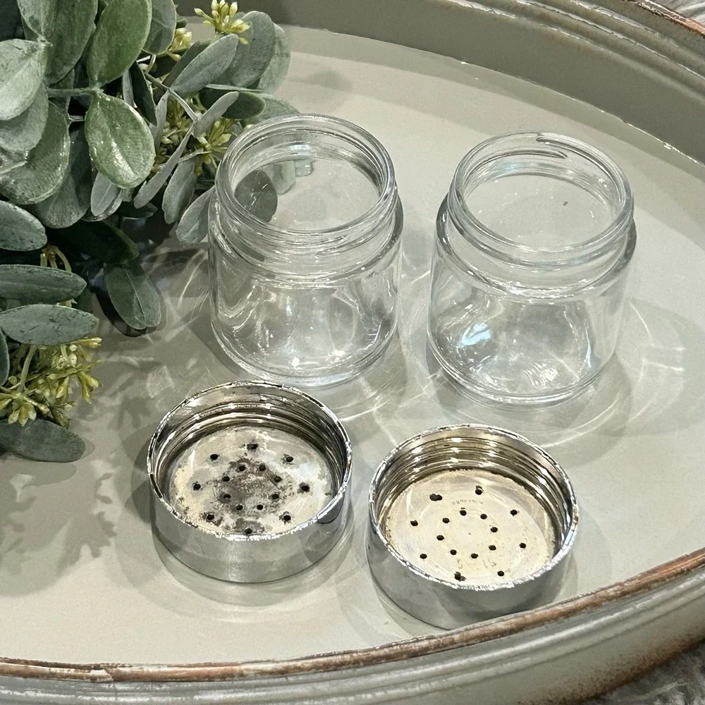 Vintage MCM Metal Shaker Top & Glass Jar Salt &‎ Pepper Shakers